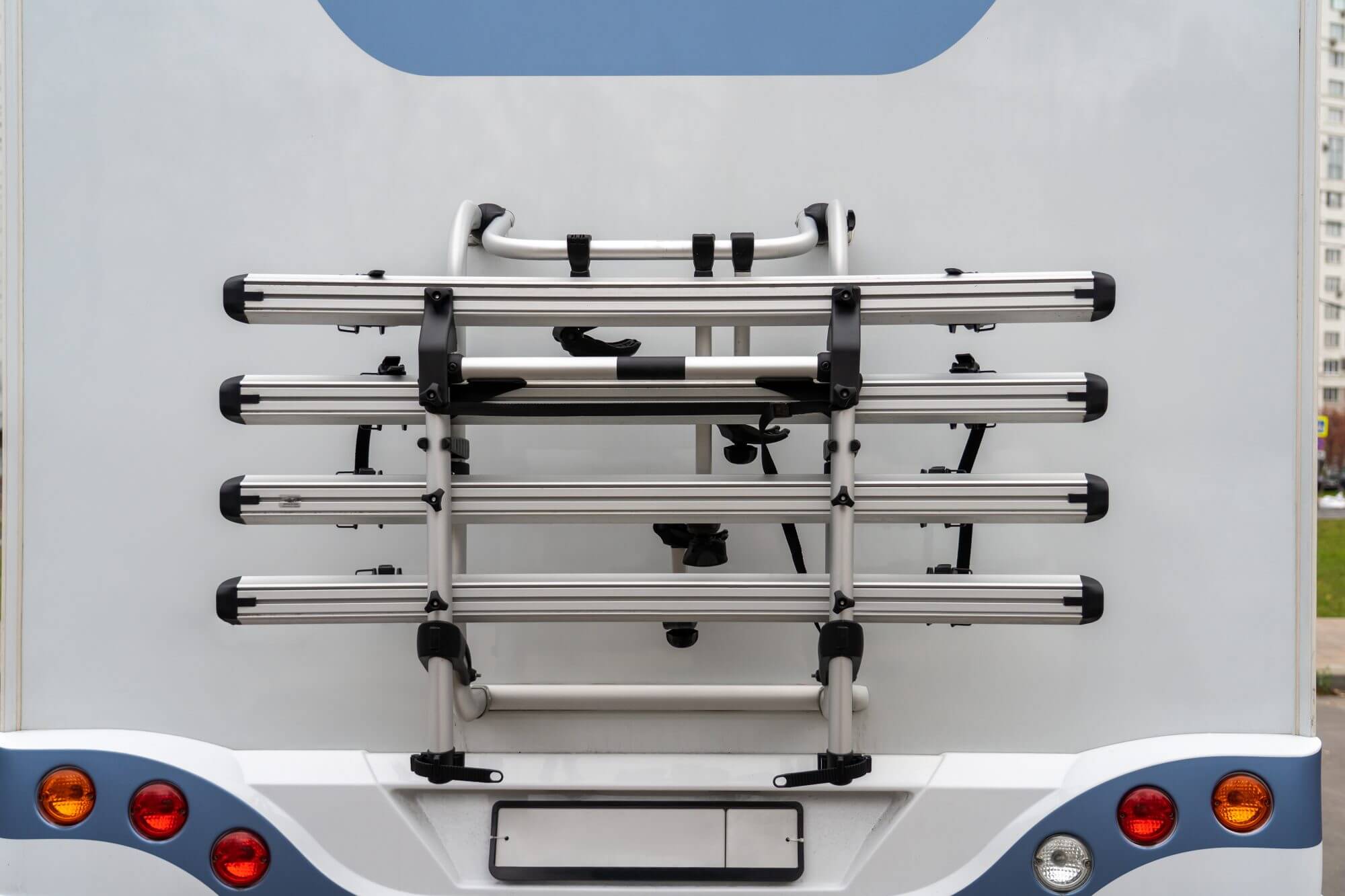 Close up view of bicycle rack at back of camper van