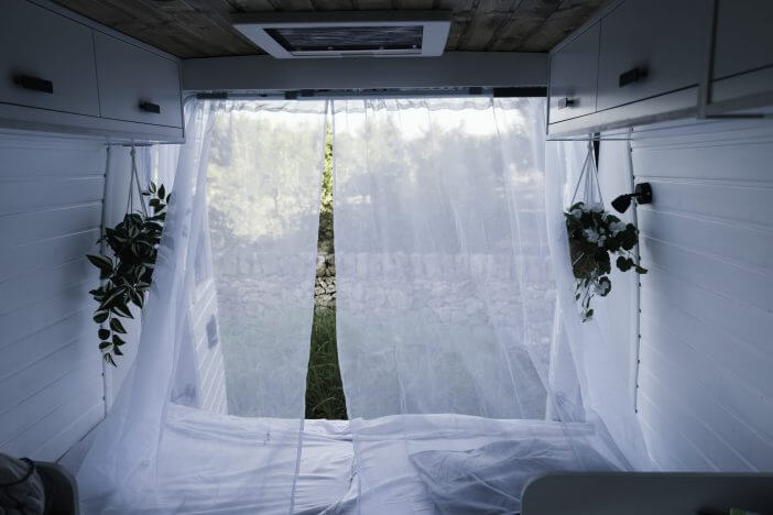 Interior of a Nordic style campervan in summer
Tourism, travel, lifestyle