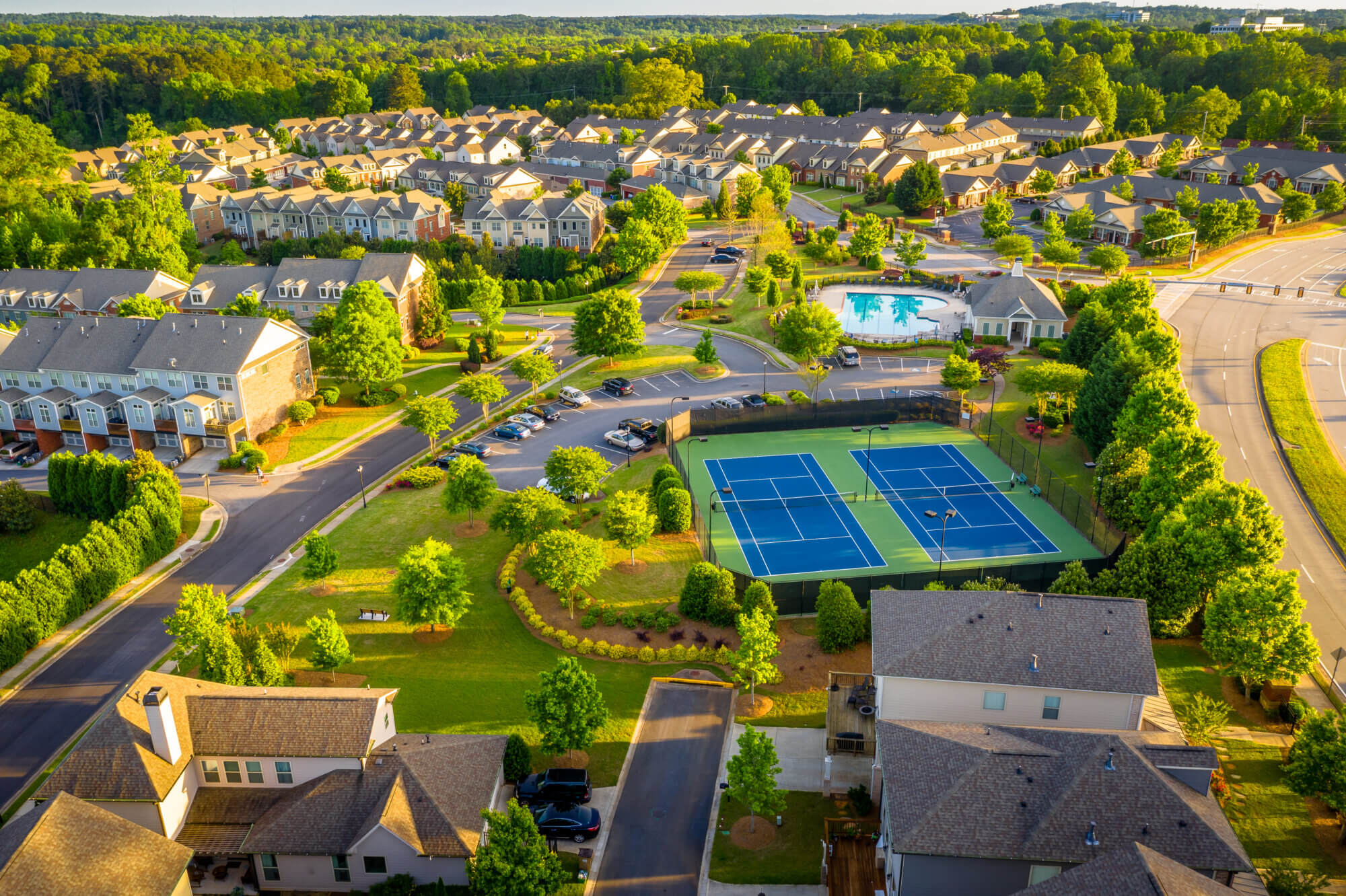 aerial picture of suburban gated community southern united states