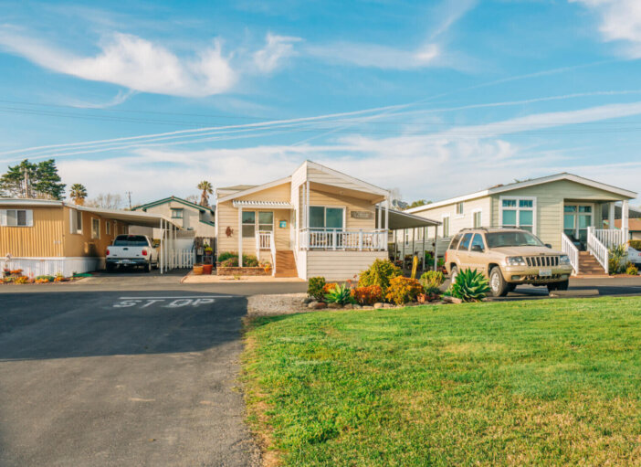 Oceano, California, USA - March 27, 2023.  Mobile home park, age-restricted (55+) community in Oceano, California. Architecture, street view