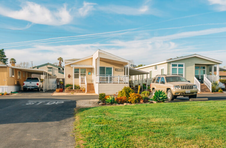 Oceano, California, USA - March 27, 2023.  Mobile home park, age-restricted (55+) community in Oceano, California. Architecture, street view