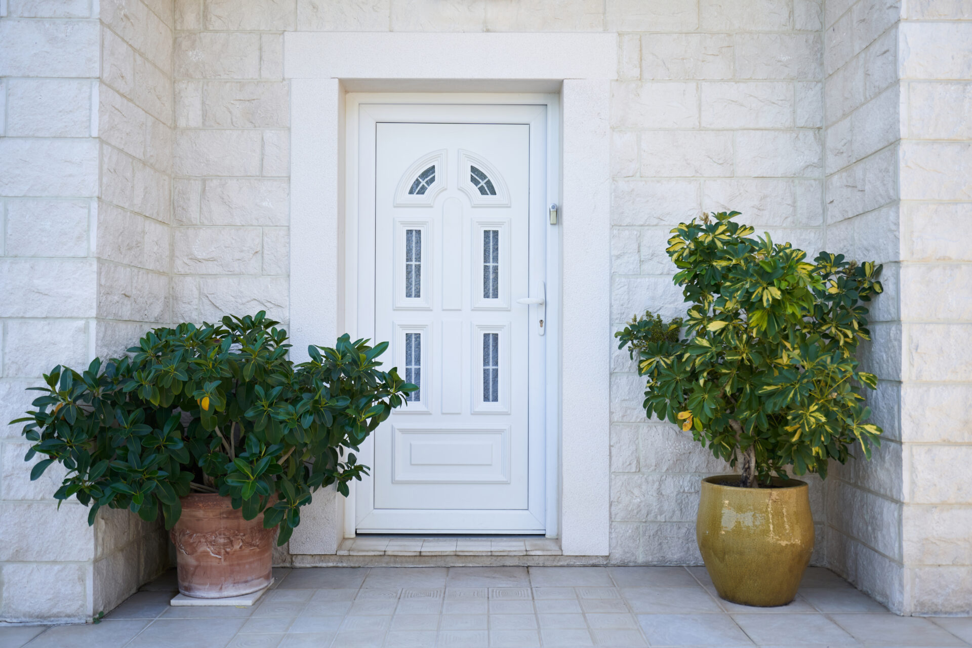 White plastic entrance door and facade decorations with plants.