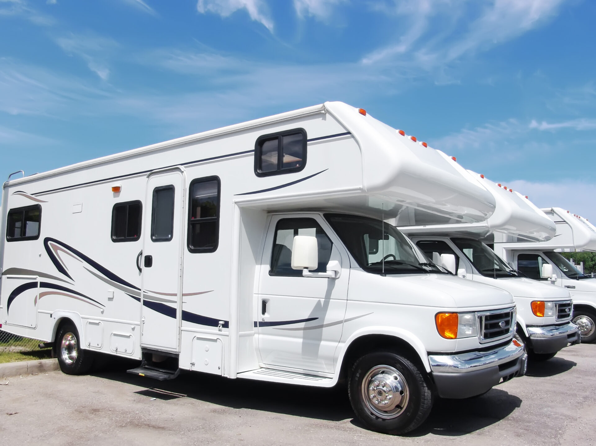 Row of new recreational vehicles